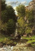 A Family of Deer in a Landscape with a Waterfall, Gustave Courbet